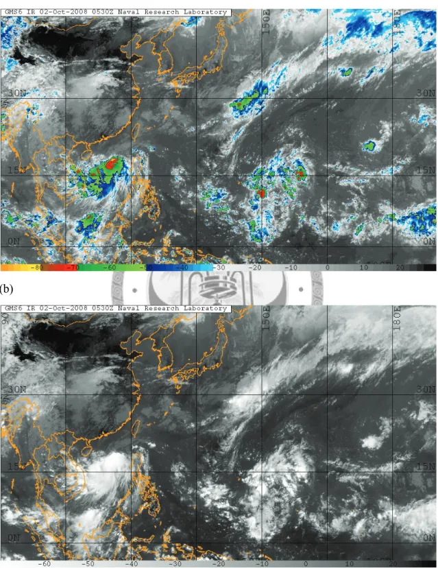 圖   4-4  (a) 2008 年 10 月 2 日 05:30 UTC 紅外線衛星雲圖。 
