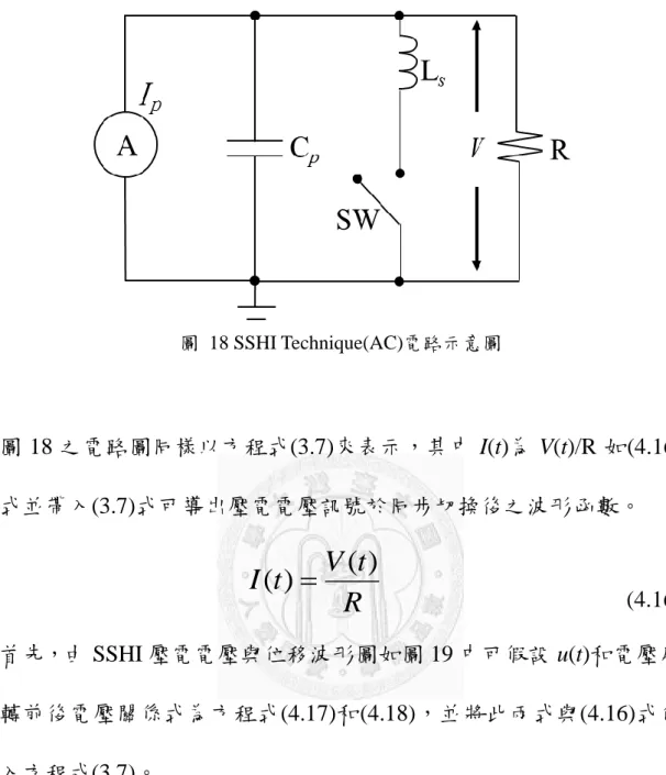 圖  18 SSHI Technique(AC)電路示意圖  圖 18 之電路圖同樣以方程式(3.7)來表示，其中 I(t)為 V(t)/R 如(4.16) 式並帶入(3.7)式可導出壓電電壓訊號於同步切換後之波形函數。  R ttVI( ))(                                           (4.16)  首先，由 SSHI 壓電電壓與位移波形圖如圖 19 中可假設 u(t)和電壓反 轉前後電壓關係式為方程式(4.17)和(4.18)，並將此兩式與(4.16)式代 