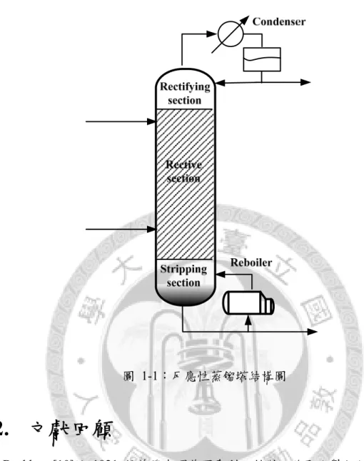 圖 1-1：反應性蒸餾塔結構圖  1.2.  文獻回顧  Backhaus[10]於 1921 便曾發表過美國專利，針對乙酸甲酯製程所提出有關反 應性蒸餾技術的概念，但在早期並未受到重視。直到 1983 年，美國工程師 Agreda 等人[7]開發出乙酸甲酯之均相反應性蒸餾製程，將原本需要一個反應器及九個蒸 餾塔才能純化的乙酸甲酯製程轉成只需一個反應蒸餾塔即可達到，大幅降低乙酸 甲酯的生產成本，使得反應性蒸餾技術的開發逐漸受到重視。許多研究學者對於 反應性蒸餾系統的特性及穩態分析做深入的研究，例如：Barb