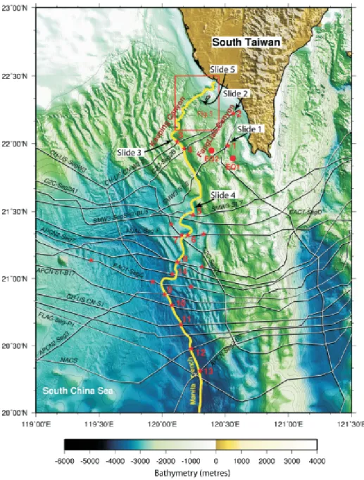圖 1-4  2006 年恆春地震震央位置（EQ1、EQ2）及海底通信電纜斷裂位置圖。(取 自  Hsu et al., 2008) 