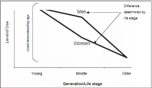 圖  18 兩性在不同人生階段（Life-stage）與世代之近用數位程度。 