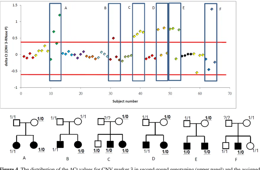 Figure 4. The distribution of the ∆Ct values for CNV marker 3 in second-round genotyping (upper panel) and the assigned genotype for  each family (lower panel)