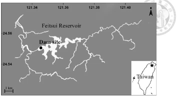 Figure 1. Study site, Fei-tsui reservoir, showing the dam site. Inset: location of study site (★)  in Taiwan 