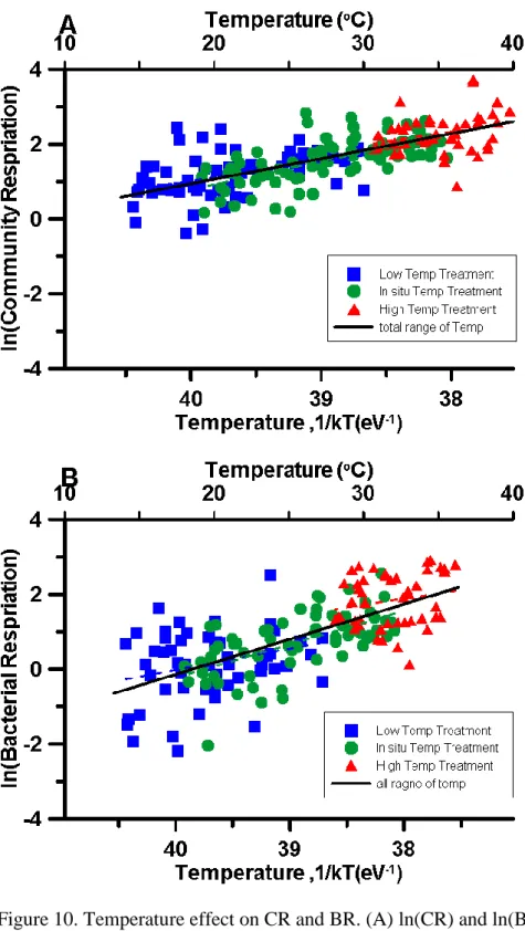 Figure 10. Temperature effect on CR and BR. (A) ln(CR) and ln(BR) (B) in three treatments,  Green circle (●) are in situ treatment, red triangle (▲) is High temperature, blue square(▓) is  low temperature