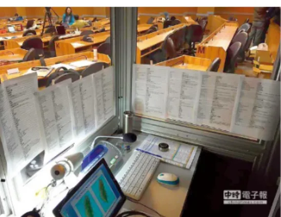 Figure 3. Interpreting booth posted with glossaries. This figure illustrates 