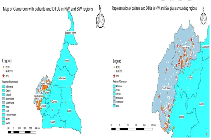 Figure 6. Geospatial distribution of tuberculosis diagnostic and treatment units  (DTUs) and patients diagnosed within the North West (NW) and South West (SW)  Regions of Cameroon