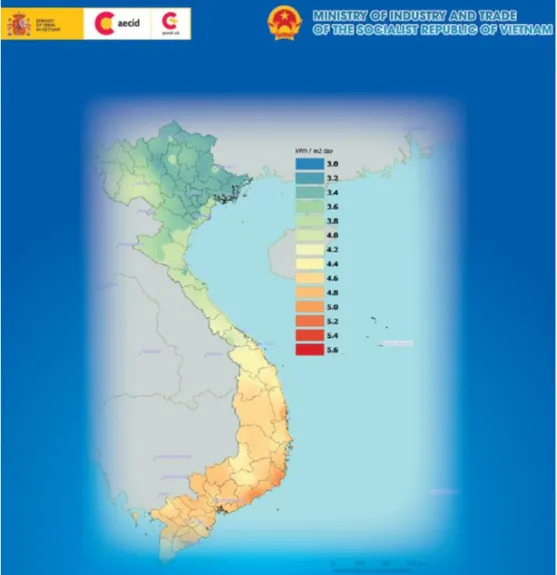 Figure 1.3: Maps of solar resource and potential in Vietnam  (Source: MoiT, 2014, retrieved from https://bit.ly/2yywDj1) 