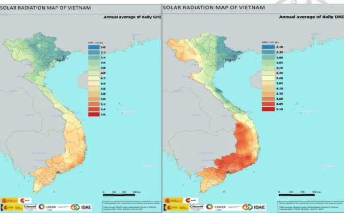 Figure 2.3: Map of annual average of daily GHI and DNI (kWh.m-2.day-1) in Vietnam  (Source: MoiT, 2014, retrieved from https://bit.ly/2yywDj1) 