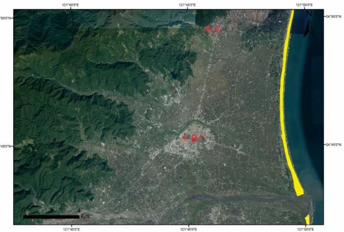 圖 2-2、本研究於蘭陽溪以北區域繪製之沿岸砂脊分佈。由圖中可以發現整個蘭陽溪以北區域，沿岸砂脊只有最靠近海岸的一 條。 （底圖取自 Google Earth） 