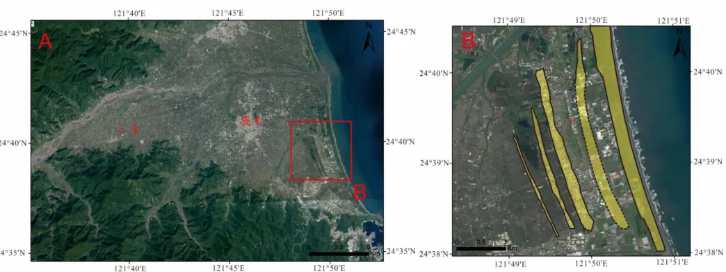 圖 2-3、本研究於蘭陽溪以南地區繪製之沿岸砂脊分佈。A 圖為蘭陽溪南岸大區域 Google Earth 影像，沿岸砂脊主要分佈在紅框 處，如 B 圖所示。從 B 圖可以發現，沿岸砂脊越向內陸，長度越短且寬度越窄。（底圖取自 Google Earth） 