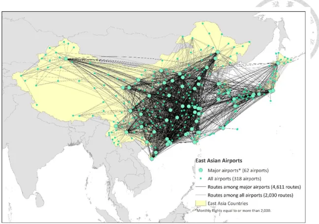 Figure 1.3. Geographical scope, airports and routes of this study 