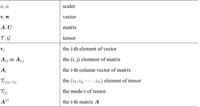 Table 1.1: Notation in HOSVD part of this thesis