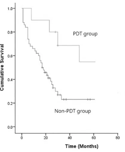 FIGURE 12. Kaplan-Meier survival analysis of the patients undergoing PDT v.s. non-PDT for pleural spread (p 