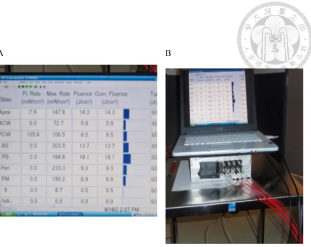 Figure 14. A) and B) The dosimetry system. The PDT dose was guided by the probe placed in the seven regions