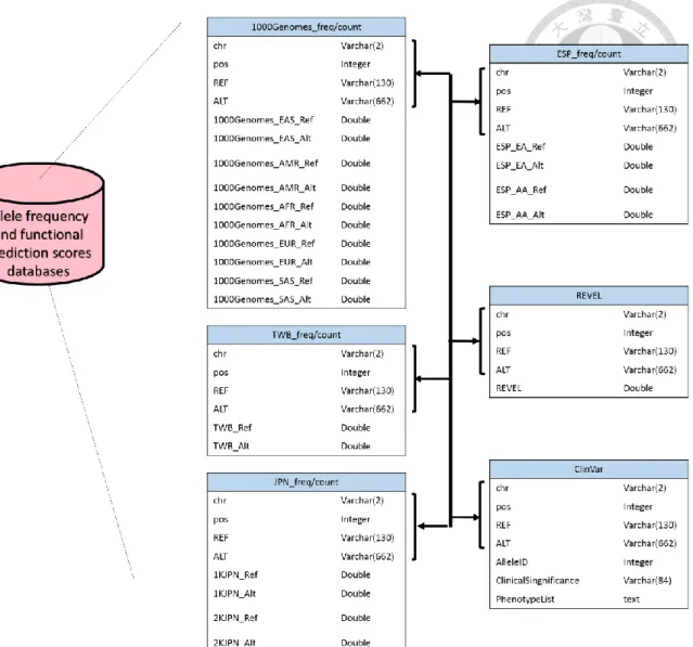 Figure 3. The database schema of allele frequency and functional prediction scores  database