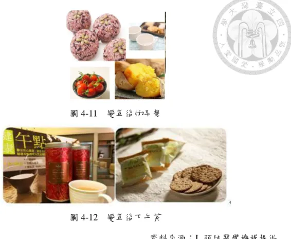 圖 4-11  變革後的早餐  圖 4-12  變革後下午茶  資料來源：L 預防醫學機構提供  除了要改變員工心念之外，其實這場變革最困難之處為改變客戶。客戶非組 織員工，不能透過各種組織活動來說服，且客戶能夠選擇要去哪間健檢診所消費。 但 T 副總仍以她一貫彈性、靈機應變的態度面對不同個性的客戶，在早餐順利推 行後，她開始改革午餐，將原本有著大塊肉類的便當換成有機蔬食，但開始出現 反彈、抱怨，因為有些客戶早已習慣大魚大肉的飲食，何況有許多人在健檢前被 要求要飲食控制，本想在健檢當天好好大吃一頓，沒想到居