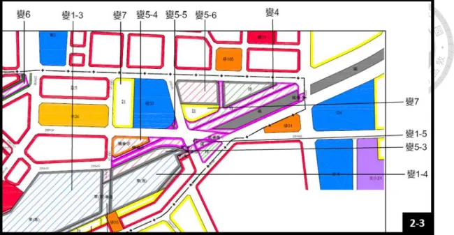 圖 2-3：配合台中都會區鐵路高架捷運化計畫（第一階段）示意圖。變 5-4 案的所在地現為私有 民富市場，原本屬於私人土地，在第一階段變更為「廣兼停」 。截圖自第一階段計畫書（台中市 政府，2011，頁 8）。      在第一階段計劃書中說明了計畫緣起： 「藉由消除鐵路兩側地區發展之阻 礙，均衡都市發展、改善市容景觀、與提昇都會區環境生活品質。而車站周邊 地區亦得配合都市更新改造再生，大幅提高車站地區及其周邊土地價值，促進 區域發展（台中市政府，2011，頁 1）。」2015 年的第二階段計畫，也延續了以
