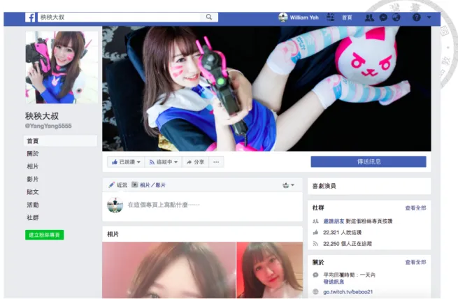 圖 3-3  秧秧大叔 Facebook 粉絲專頁頁面截圖  （截取日期：2017 年 12 月 18 日）  3.3.2  成為網紅：專業外拍模特  身 為網紅並從事網紅相關的活動，跟模特兒交流是非常重要的過程，一開始 可能因為外派認識數個模特兒，而因緣際會加入攝影圈共同的 Line 群組，又因而 在認識更多不同的模特兒與攝影師。如果其他攝影師在社團有遇到好的案子，也 會互相留意觀察資訊，也互相推薦互相協助彼此；模特兒之間也會互相評價攝影 師、平台與經紀人，同行朋友遇到不錯的攝影師會介紹給秧秧，而秧秧認為