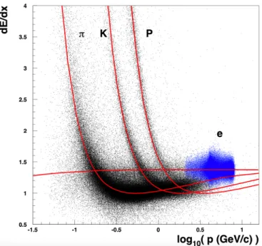 Figure 2.11: Scatter plot of dE/dx versus momentum. Expected distributions for K, π, p, and e are shown as solid curves