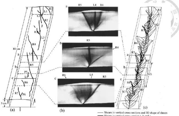 圖  2. 17  透過 X 光斷面掃描平移斷層引致覆土層中的破裂跡（Ueta et al., 2000）  若同時考慮走向滑移與傾向滑移，則為斜移斷層砂箱試驗，然而過去少有針對 三維斜移砂箱的研究。 Richard（1990） 模擬複合地層受斜移斷層錯動，在斷層傾角 54 度下，利用砂與軟矽膠以不同厚度搭配模擬脆性與塑性地層，觀察上覆土層受 斜移斷層錯動的變形行為，若上覆土層只有砂土材料，在受斜逆移錯動（走向滑移 /傾向滑移=1:1）後，斷層帶內發展兩條破裂跡，在地表產生斜交斷層線的斷層崖， 使平坦地形成