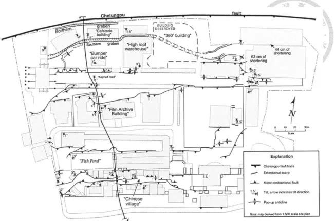 圖  2. 30 台影文化城園區內地表變形分布（Kelson et al., 2001） 