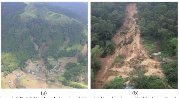Figure 1.1 Rainfall induced slope instability: (a) Kyushu, Japan; (b) Maokong Gondola  Various measures have  been taken to  stabilize the slopes,  as shown in  Table 1.1