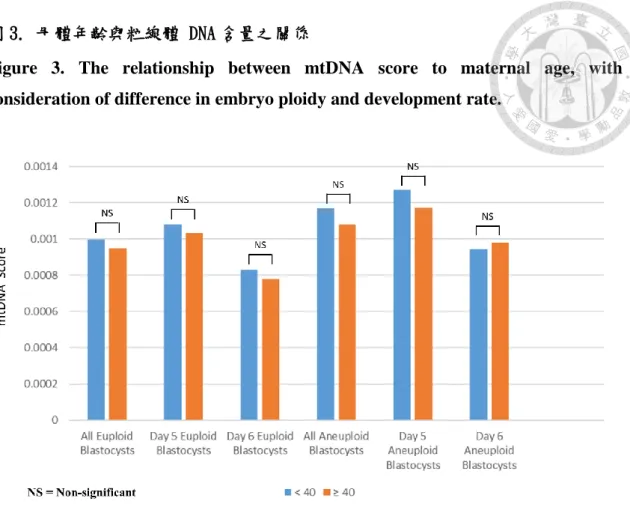 圖 3. 母體年齡與粒線體 DNA 含量之關係 