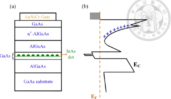 Fig. 1.2 (a) Structure of the GaAs 2DES containing self-assembled InAs quantum dots sample