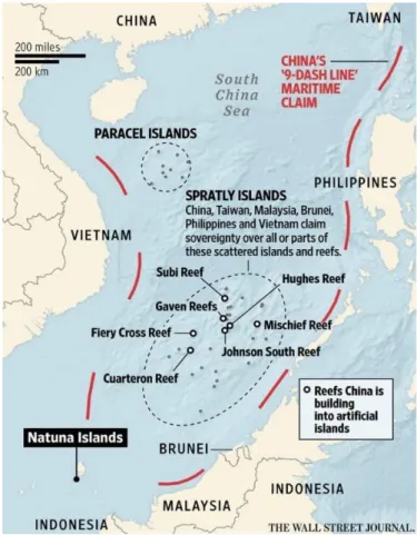 圖 3-3：九段線之涵蓋範圍。圖片來自〈何謂「九段線」？  它是這麼來的…〉，《自由時報 電子報》，2016 年 7 月 12 日，&lt;http://news.ltn.com.tw/news/world/breakingnews/1760417&gt;。  在對外行動上，中國不斷地採取行動保衛南海島礁的領土主權及其海洋權利。 1974 年，中國打敗了越南海軍，奪取西沙群島的主權和十座南沙群島的島嶼； 1988 年 3 月，中國海軍擊沉了 3 艘越南軍艦並占領了六座島嶼；1995 年，解放 軍海軍迫使菲律