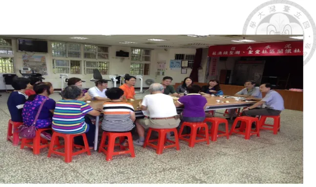 圖 2-3  研究者邀請北醫食品營養學者參與社區長者營養課程規劃  資料來源: CSR 公司拍攝      藤原等學者指出，其研究目的在於探討如何活用高齡者志工活動做為社區保 健活動一環的妥適性，並在日本國內尋求將社區保健活動或社會教育課程持續納 入作為生涯學習場域的群體活動(Group Activity)的導入基礎，亦即不僅透過自 主群體活動的學習或是參與的對象達到的自我感覺良好(日文:自我完結)，而是 將其想定為可以再推展向社區社會發展的正式性的志工活動。透過志工活動讓客 戶感謝，受到周圍的人所尊敬從而