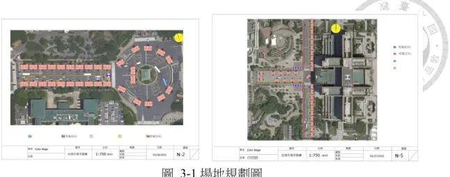 圖  3-1 場地規劃圖  圖左為凱達格蘭大道、圖右為市府路。  資料來源：取自「金光舞台車  閃閃嘉年華」粉絲專頁 2016/4/28 貼文。  圖  3-2 兩屆活動範圍圖  資料來源：底圖為 google map，筆者自繪。  舞台車的停駐空間多是隨請主需求在街道空間、廟埕與公開場所展開，地點 的選擇與舞台車之間的關係並不明確，甚至也不會被視為需要特意操作的工作項 目。但在沈昭良攝影集中，地景成為襯托出舞台車閃閃發亮的重要訊息，張四十 三則延續此種視覺經驗的效果，藉由地點強化舞台車的符號效果，如凱道對