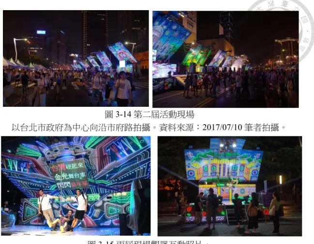 圖 3-14 第二屆活動現場  以台北市政府為中心向沿市府路拍攝。資料來源：2017/07/10 筆者拍攝。      圖 3-15 兩屆現場觀眾互動照片。  左為第一屆活動照片。資料來源：角頭音樂提供。  右為第二屆活動 2017/07/10 筆者拍攝。  在沈昭良攝影集中無用、無人的特殊影像設計提供讀者脫離現實，以及閱讀 舞台車裝飾風格的機會。而在現實場景中舞台車集體的「無人使用」狀態，除了 產生大型機械對比於人體型的身體感受上的衝擊外，集合多輛舞台車的時空性也 在現場提供了不少奇觀的成份，「參加了兩年