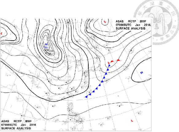 Figure 4. The synoptic surface weather map on Jan 7th, 2016 published by the Central 