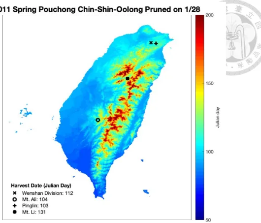 Figure 7. The harvest timing of the OTHAIMs of Chin-Shin-Oolong spring Pouchong  tea in 2011 and 2081-2100 (ensemble) with different pruning dates with baseline  1961-2000