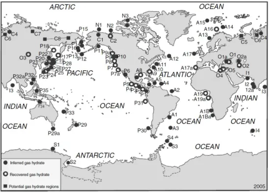 Figure 1.2-1 Distribution of gas hydrate around the world [12]. 