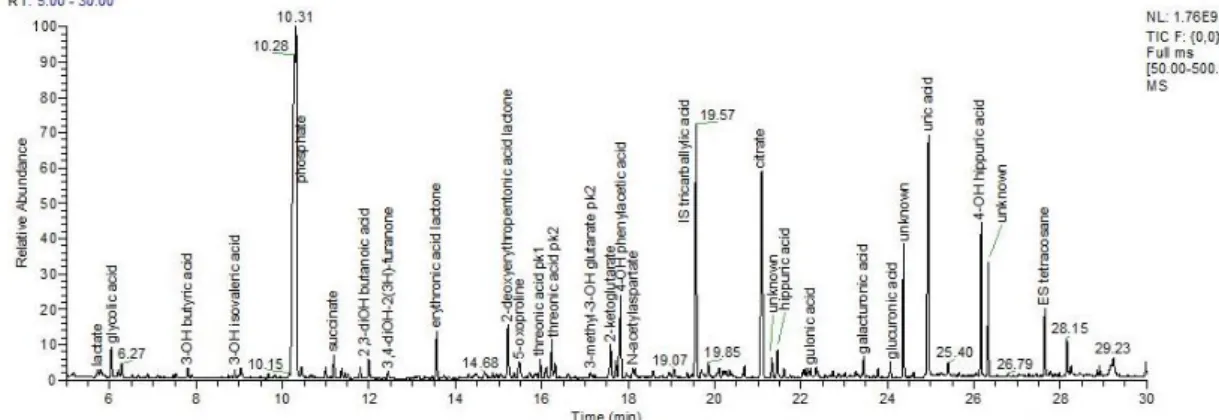 Figure 1    A chromatogram of a urine sample detected by GC-MS system. 