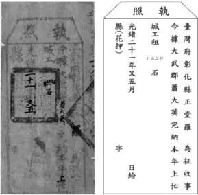 圖 8　光緒 21 年又 5 月執照 資料來源：〈國史館臺灣文獻館〉，館藏號： OB840817。 依此，似乎可證明羅樹勳應為縣印最後的使用者，但仍有些疑問： 首先，丁燮沒有收到諭令，不太可能將印信交給這位未獲清廷承認的代 理知縣；其次，就這張執照而言，常見的執照格式第一行「縣正堂羅」 的「羅」字應該付梓在板上印刷，而非事後才用毛筆寫上。或許可以這 樣解釋：原本空白執照為丁燮所印製，他離臺後為羅樹勳接收，羅便沿 用此作為征收錢糧的憑證，在原本縣正堂「丁」覆蓋改寫上「羅」！此 假設若屬實，則其上的用印也可能為
