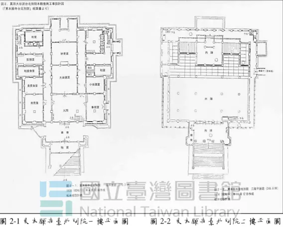圖 2-1 東本願寺臺北別院一樓平面圖     圖 2-2  東本願寺臺北別院二樓平面圖  根據警備總部保安處的調查資料〈東本願寺沿革說明書〉可以看出，政府當 局對於殖民時期參與重建本堂的人群主體的理解，其具體內容如下：  東本願寺原係木造，民國 14 年 12 月燬於大火，後以殉職老僧的頭骨為號 召，由日人佛教徒主持募捐重建，但臺胞有無捐募，已無紀錄可査。興建 時即由日本佛教會把持，故承上至包工程的廠商，下至小工，均由日人充 任，竣工後由日僧及日憲兵駐守并管理。除部份供日本高級官員弔祭誦經 外，大殿下層並