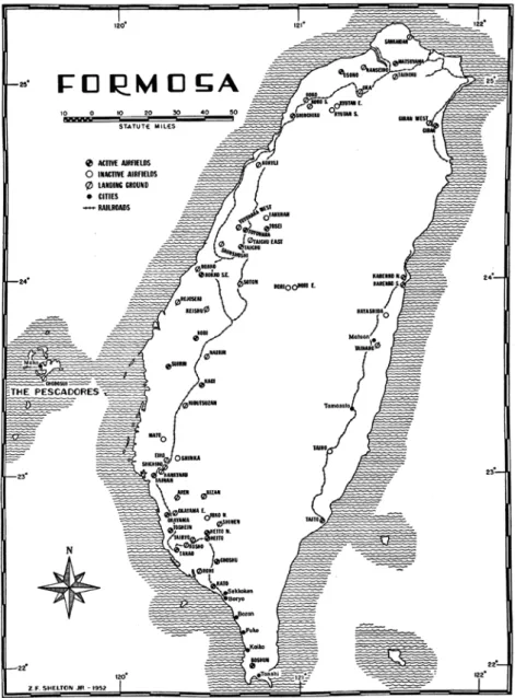 圖 5 臺灣飛行場分布圖（資料來源︰1953年出版之「The Army Air Forces in World War  II, Volume Five, the Pacific: Matterhorn to Nagasaki June 1944 to August 1945」）