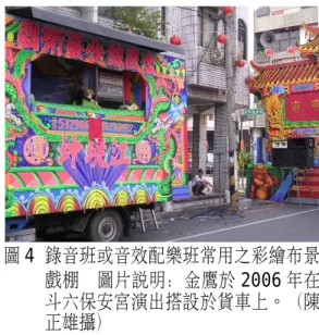 圖 3 錄音班或音效配樂班常用之彩繪布景 戲 棚 　 圖 片 說 明 ： 磐 宇 聲 五 洲 於 2006 年在大甲鎮瀾宮演出。（陳正 雄攝） 圖 4 錄音班或音效配樂班常用之彩繪布景戲棚　圖片說明：金鷹於2006 年在斗六保安宮演出搭設於貨車上。（陳正雄攝） 由於布袋戲班之內在結構的改變是相對應表演之需求，而有多樣式的演出型態， 並受外在結構（即社會環境因素，如僱主之要求）而隨時變化、調整，呈現出僱主所 需求之表演型態，這些因素影響到戲班的經營模式。根據 2002 年雲林縣文化局出版的 《雲林縣演藝團體名