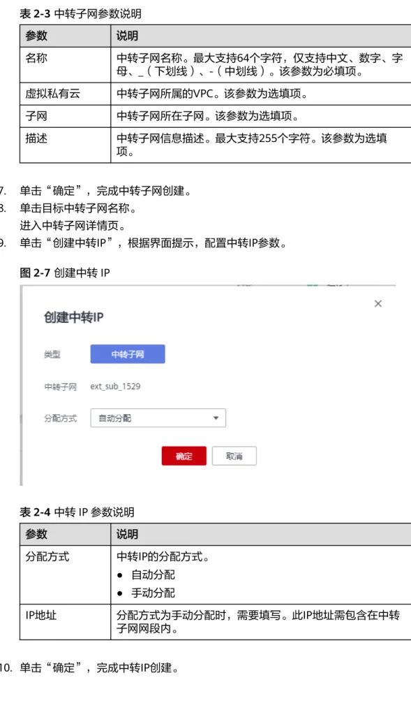 表 2-3 中转子网参数说明 参数 说明 名称 中转子网名称。最大支持64个字符，仅支持中文、数字、字 母、_（下划线）、-（中划线）。该参数为必填项。 虚拟私有云 中转子网所属的VPC。该参数为选填项。 子网 中转子网所在子网。该参数为选填项。 描述 中转子网信息描述。最大支持255个字符。该参数为选填 项。 7