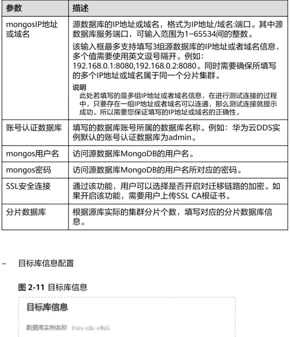 表 2-8 源库信息 参数 描述 mongosIP地址 或域名 源数据库的IP地址或域名，格式为IP地址/域名:端口。其中源数据库服务端口，可输入范围为1~65534间的整数。 该输入框最多支持填写3组源数据库的IP地址或者域名信息， 多个值需要使用英文逗号隔开。例如： 192.168.0.1:8080,192.168.0.2:8080。同时需要确保所填写 的多个IP地址或域名属于同一个分片集群。 说明 此处若填写的是多组IP地址或者域名信息，在进行测试连接的过程 中，只要存在一组IP地址或者域名可以连通，
