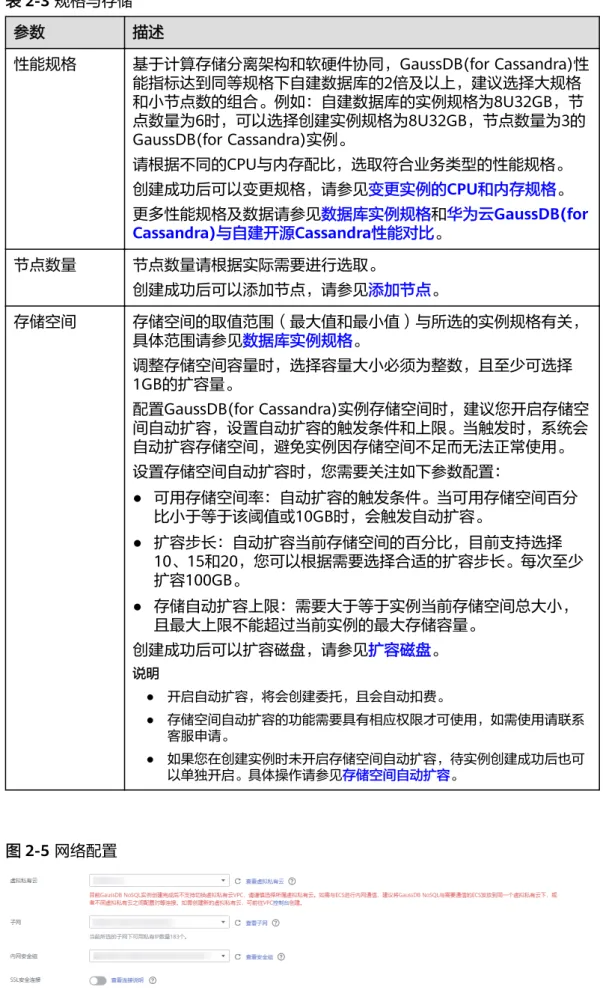 表 2-3 规格与存储 参数 描述 性能规格 基于计算存储分离架构和软硬件协同，GaussDB(for Cassandra)性 能指标达到同等规格下自建数据库的2倍及以上，建议选择大规格 和小节点数的组合。例如：自建数据库的实例规格为8U32GB，节 点数量为6时，可以选择创建实例规格为8U32GB，节点数量为3的 GaussDB(for Cassandra)实例。 请根据不同的CPU与内存配比，选取符合业务类型的性能规格。 创建成功后可以变更规格，请参见变更实例的CPU和内存规格。 更多性能规格及数据请参