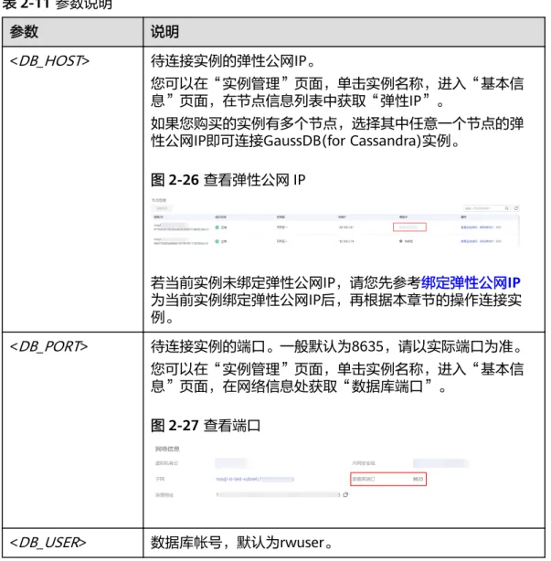 表 2-11 参数说明 参数 说明 < DB_HOST > 待连接实例的弹性公网IP。 您可以在“实例管理”页面，单击实例名称，进入“基本信 息”页面，在节点信息列表中获取“弹性IP”。 如果您购买的实例有多个节点，选择其中任意一个节点的弹 性公网IP即可连接GaussDB(for Cassandra)实例。 图 2-26 查看弹性公网 IP 若当前实例未绑定弹性公网IP，请您先参考绑定弹性公网IP 为当前实例绑定弹性公网IP后，再根据本章节的操作连接实 例。 < DB_PORT >