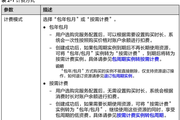 表 2-1 计费方式 参数 描述 计费模式 选择“包年包月”或“按需计费”。 ● 包年包月 – 用户选购完服务配置后，可以根据需要设置购买时长，系 统会一次性按照购买价格对账户余额进行扣费。 – 创建成功后，如果包周期实例到期后不再长期使用资源， 可将“包年/包月”实例转为“按需计费”，到期后将转为 按需计费实例。具体请参见包周期实例转按需计费。 说明 “包年/包月”方式购买的实例不能直接删除，仅支持资源退订操 作，如何退订资源请参见退订包周期实例。 ● 按需计费 – 用户选购完服务配置后，无需设置购买时长