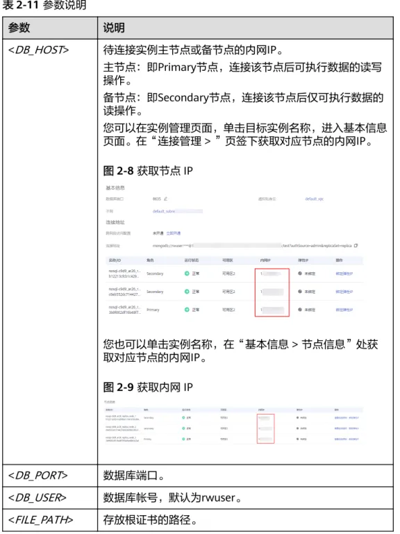 表 2-11 参数说明 参数 说明 < DB_HOST > 待连接实例主节点或备节点的内网IP。 主节点：即Primary节点，连接该节点后可执行数据的读写 操作。 备节点：即Secondary节点，连接该节点后仅可执行数据的 读操作。 您可以在实例管理页面，单击目标实例名称，进入基本信息 页面。在“连接管理 > ”页签下获取对应节点的内网IP。 图 2-8 获取节点 IP 您也可以单击实例名称，在“基本信息 > 节点信息”处获 取对应节点的内网IP。 图 2-9 获取内网 IP &