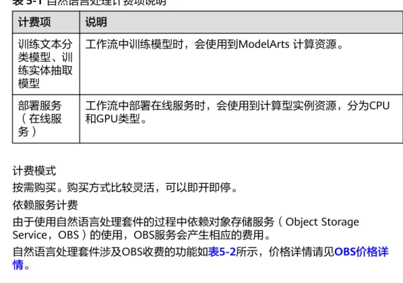 表 5-1 自然语言处理计费项说明 计费项 说明 训练文本分 类模型、训 练实体抽取 模型 工作流中训练模型时，会使用到ModelArts 计算资源。 部署服务 （在线服 务） 工作流中部署在线服务时，会使用到计算型实例资源，分为CPU和GPU类型。 ● 计费模式 按需购买。购买方式比较灵活，可以即开即停。 ● 依赖服务计费 由于使用自然语言处理套件的过程中依赖对象存储服务（Object Storage Service，OBS）的使用，OBS服务会产生相应的费用。 自然语言处理套件涉及OBS收费的功能如表5