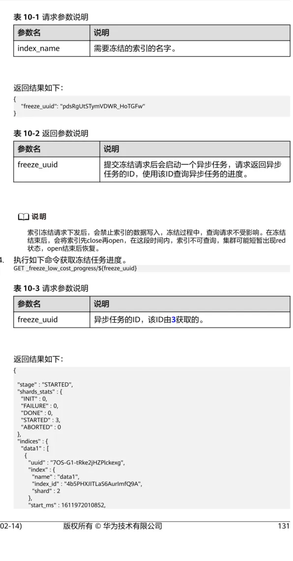 表 10-1 请求参数说明 参数名 说明 index_name 需要冻结的索引的名字。 返回结果如下： {     "freeze_uuid": "pdsRgUtSTymVDWR_HoTGFw" } 表 10-2 返回参数说明 参数名 说明 freeze_uuid 提交冻结请求后会启动一个异步任务，请求返回异步 任务的ID，使用该ID查询异步任务的进度。 说明 索引冻结请求下发后，会禁止索引的数据写入，冻结过程中，查询请求不受影响。在冻结 结束后，会将索引先close再ope