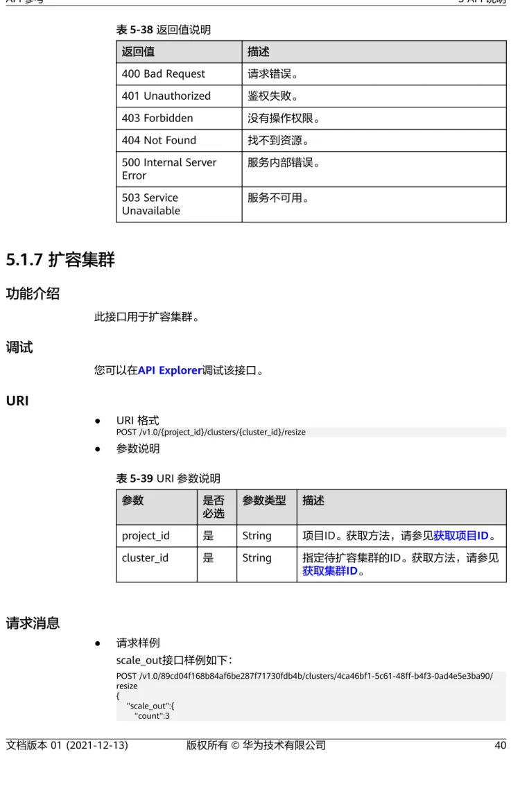 表 5-38 返回值说明 返回值 描述 400 Bad Request 请求错误。 401 Unauthorized 鉴权失败。 403 Forbidden 没有操作权限。 404 Not Found 找不到资源。 500 Internal Server Error 服务内部错误。 503 Service Unavailable 服务不可用。 5.1.7 扩容集群 功能介绍 此接口用于扩容集群。 调试 您可以在API Explorer调试该接口。 URI ● URI 格式 POST /v1.0/{proje