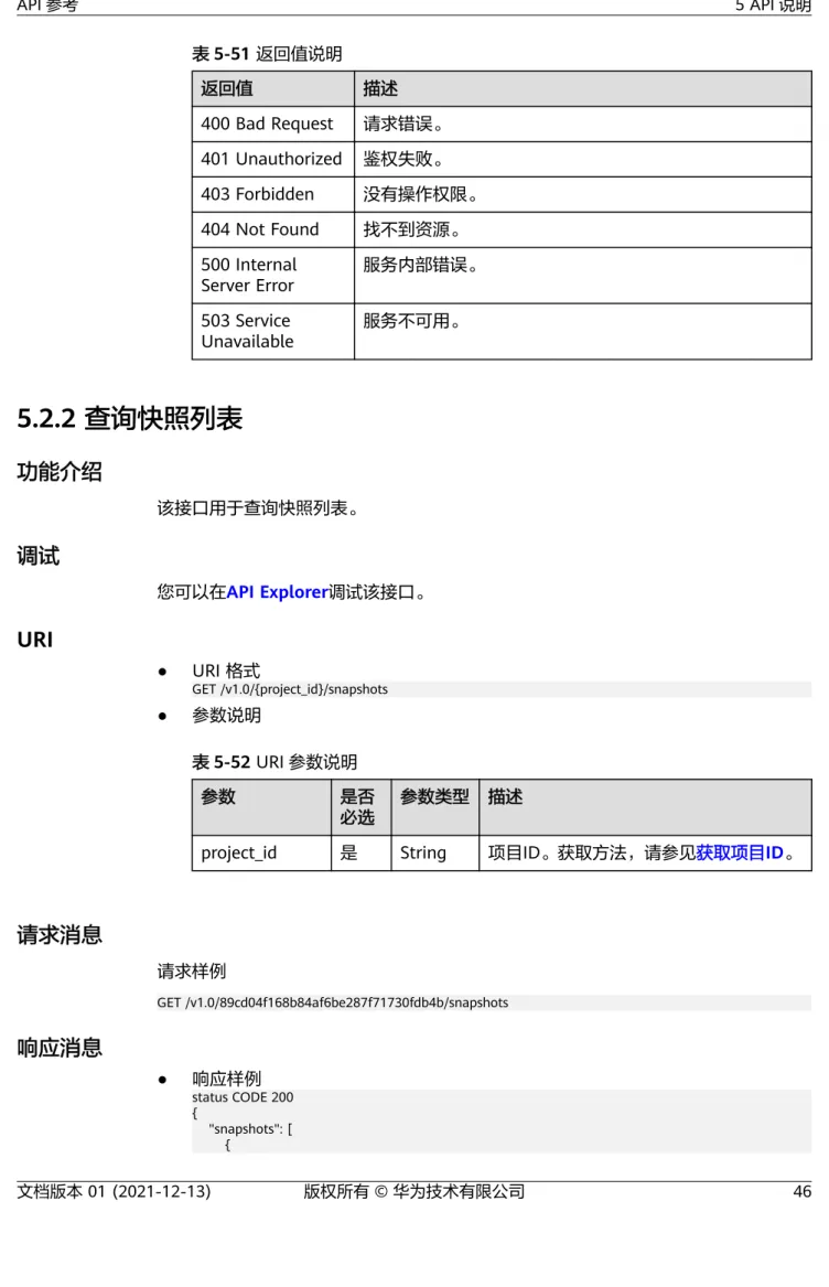 表 5-51 返回值说明 返回值 描述 400 Bad Request 请求错误。 401 Unauthorized 鉴权失败。 403 Forbidden 没有操作权限。 404 Not Found 找不到资源。 500 Internal Server Error 服务内部错误。 503 Service Unavailable 服务不可用。 5.2.2 查询快照列表 功能介绍 该接口用于查询快照列表。 调试 您可以在API Explorer调试该接口。 URI ● URI 格式 GET /v1.0/{pr